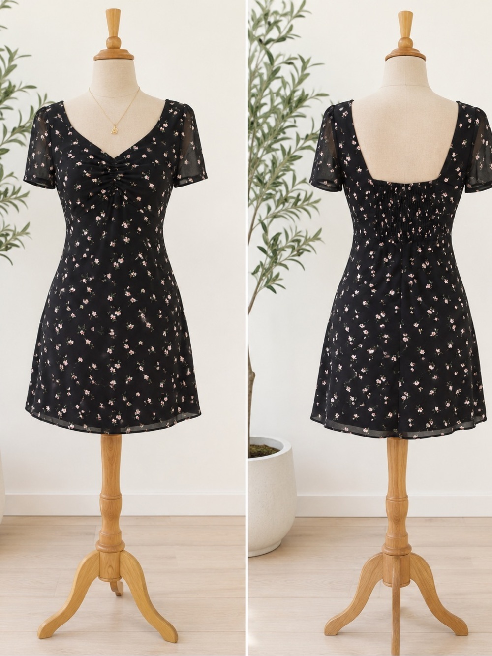 Hollister Ditsy Floral Mesh Mini Babydoll Dress Medium Smocked Back Short Sleeve